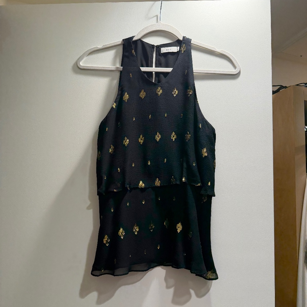 A.L.C. High Neck Black and Gold Sleeveless Silk Top
